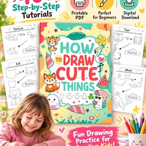 May include: A digital drawing tutorial guide titled How to Draw Cute Things, featuring colorful illustrations of a fox, flamingo, unicorn, and sea creatures. The guide includes 40 plus step-by-step tutorials, printable PDF options, and practice sheets.
