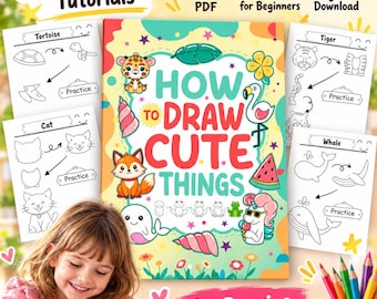 May include: A digital drawing tutorial guide titled How to Draw Cute Things, featuring colourful illustrations of a fox, flamingo, unicorn, and sea creatures. The guide includes 40 plus step-by-step tutorials, printable PDF options, and practice sheets.
