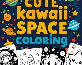 May include: A colorful illustration with the words "CUTE kawaii SPACE COLORING" in yellow and blue. The image features cartoon planets, stars, and coloring pages with space-themed drawings, including an astronaut, rocket, and planets.