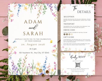 Floral Wedding Invitation Template, Modern RSVP Set (Canva, Digital Download)