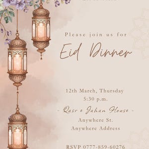 Puede incluir: Una invitación a la Cena de Eid con linternas ornamentadas, detalles florales y el texto "Eid Mubarak". La invitación incluye la fecha, hora y lugar, con una paleta de colores suaves y cálidos.