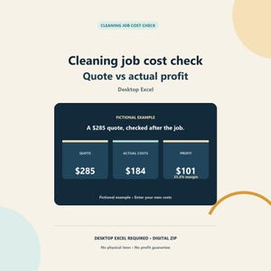 以下が含まれることがあります： Cleaning job cost check Quote vs actual profitというタイトルのデジタルスプレッドシートテンプレート。見積額285ドル、実費184ドル、利益101ドル（利益率35.4%）という架空の例が表示されています。デスクトップ版Excelが必要です。