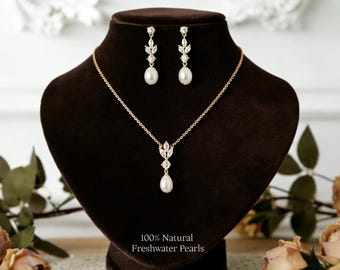 Minimalistische zoetwaterparel sieraden set, blad diamant parelketting, kristallen bruiloft sieraden, bruids sieraden set, bruidsmeisje cadeaus voor haar