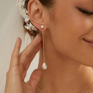 Dainty Pearl Drop Earrings,Pearl Dangle Earrings,Long Chain Pearl Earrings,Elegant Bridal Earrings,Wedding Earrings,Bridesmaid Gifts for Her