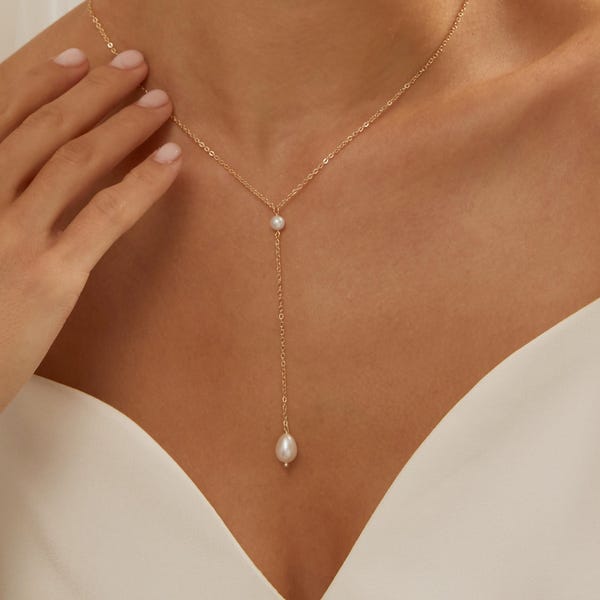 Minimalistische parelketting, dubbele pareldruppelketting, hangende parelketting, bruidsketting, trouwketting, parelsieradenset