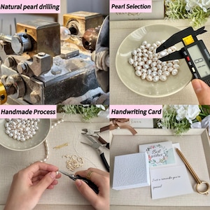 May include: A four-part image showing jewelry making: a metal drilling machine for pearls, a digital caliper measuring a pearl at 8.1 mm in a bowl, hands using pliers to assemble pearl jewelry, and a white gift box with a Best wishes card.