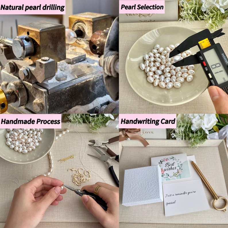 May include: A four-part image showing jewelry making: a metal drilling machine for pearls, a digital caliper measuring a pearl at 8.1 mm in a bowl, hands using pliers to assemble pearl jewelry, and a white gift box with a Best wishes card.