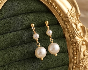 Double Pearl Earrings,Minimalist Pearl Drop Earrings,Dainty Pearl Earrings,Bridal Earrings,Wedding Earrings,Bridesmaid Gift,Everyday Earring