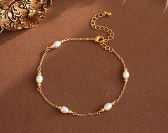 Pulsera de perlas de agua dulce auténticas, pulsera de perlas de arroz, pulsera delicada, pulsera de novia, regalo para dama de honor, conjunto de joyas de perlas, regalo para el Día de la Madre