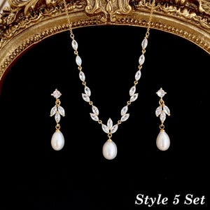 Dainty Freshwater Pearl Jewelry Set,Leaf Diamond Pearl Necklace,Crystal Wedding Jewelry,Bridal Jewelry Set,Bridesmaid Gifts Set 5