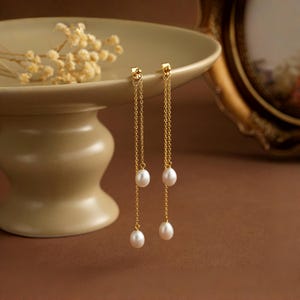 Puede incluir: Pendientes de cadena dorada con perlas blancas en forma de lágrima. Los pendientes cuelgan de pequeños tachuelas redondas. Se exhiben sobre un pedestal con flores secas. El fondo es marrón cálido.