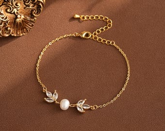 Echte zoetwaterparelarmband, sierlijke parel met diamanten armband, diamanten bladarmband, bruidsarmband, cadeaus bruidsmeisje, parelsieradenset