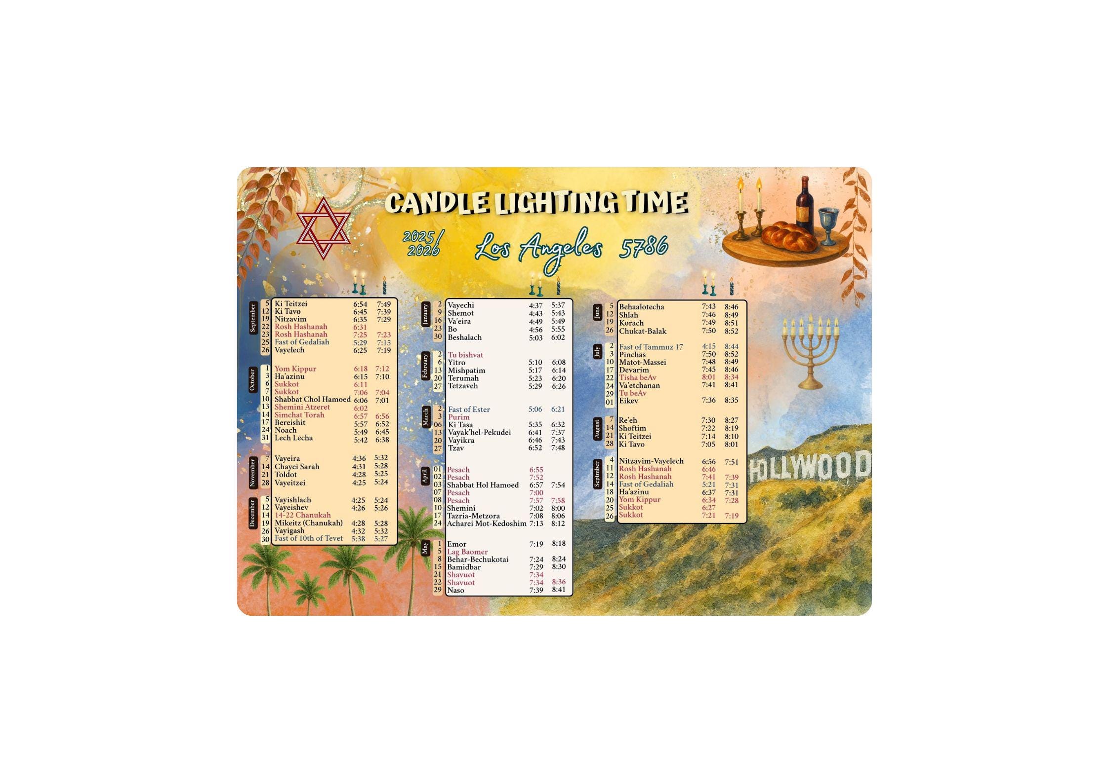 Jewish Candle Lighting Times 5786 / 2025–2026 – Los Angeles California –  Printable PDF