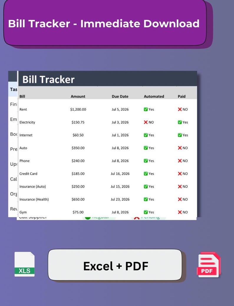 Monthly Bill Tracker Spreadsheet | Excel & Google Sheets (instant ...