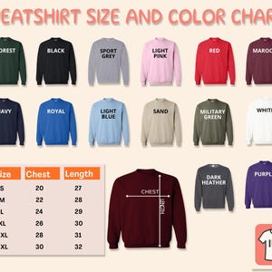 K&ouml;nnte beinhalten: Eine Gr&ouml;&szlig;entabelle und Farbkarte f&uuml;r Sweatshirts zeigt Rundhals-Sweatshirts in verschiedenen Farben, darunter Waldgr&uuml;n, Schwarz und Marineblau. Die Tabelle enth&auml;lt eine Gr&ouml;&szlig;entabelle mit Brust- und L&auml;ngenma&szlig;en in Zentimetern.