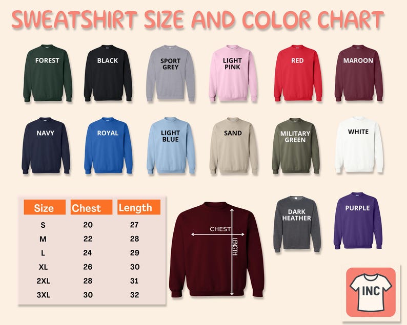 K&ouml;nnte beinhalten: Eine Gr&ouml;&szlig;entabelle und Farbkarte f&uuml;r Sweatshirts zeigt Rundhals-Sweatshirts in verschiedenen Farben, darunter Waldgr&uuml;n, Schwarz und Marineblau. Die Tabelle enth&auml;lt eine Gr&ouml;&szlig;entabelle mit Brust- und L&auml;ngenma&szlig;en in Zentimetern.