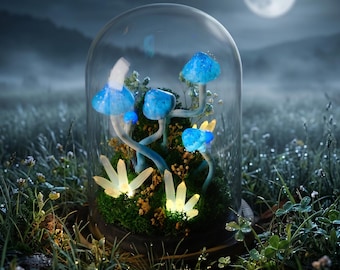 Lámpara de hongo azul / Luz nocturna de hadas / Lámpara de mesita de noche de madera, decoración de estantería, regalo para mamá, regalo de aniversario, decoración del hogar