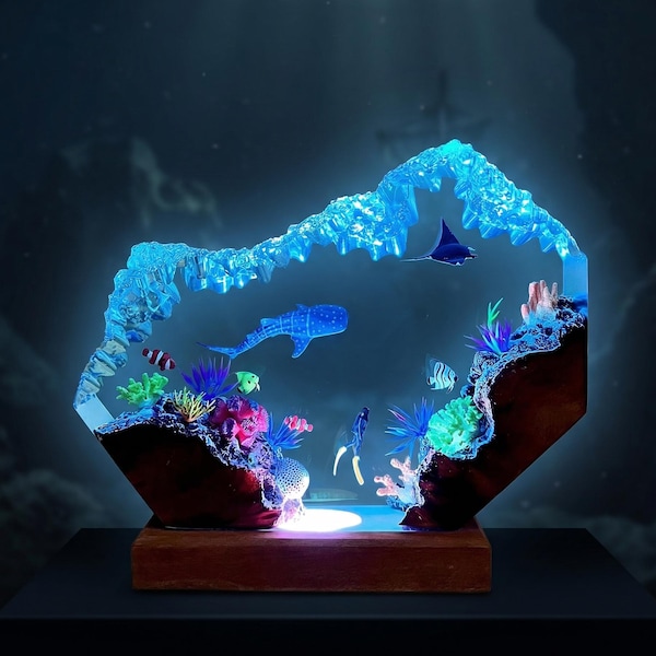 Manta Ray and Whale Shark Wood Lamp | Scuba Diver Epoxy Night Light | Art Deco Table Lamp, Room Decor & Personalized Gift