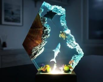 Shark & Manta Ray Ocean Resin Lamp | Epoxy Night Light | Art Decor Table Lamp, Coastal Home Decor, Anniversary Gift, Personalized Gift