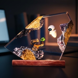 Wall-E and Eve Resin Lamp | Whimsical Robot Miniature Epoxy Night Light | Unique Desk Lamp & Christmas Gift for Playroom Decor