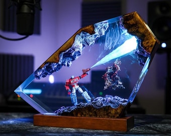 Opti.mus vs Omega Destroyer Resin Lamp | Epoxy Wood Night Light for Kids | Robot Figure Decor & Unique Christmas Gift