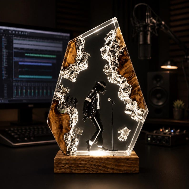 May include: A decorative resin and wood lamp featuring a miniature figure of a performer in a black suit and fedora, a microphone stand, and a single glove. The clear resin contains natural wood elements and is mounted on a rectangular wood base.