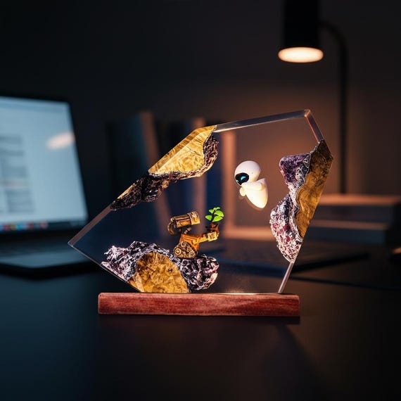 Wall-E and Eve Resin Lamp | Whimsical Robot Miniature Epoxy Night Light | Unique Desk Lamp & Christmas Gift for Playroom Decor