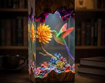 Hummingbird Resin Lamp | Japanese Inspired Epoxy Night Light | Table Lamp, Hummingbird Art, Gift for Her, Nature Lover Gift