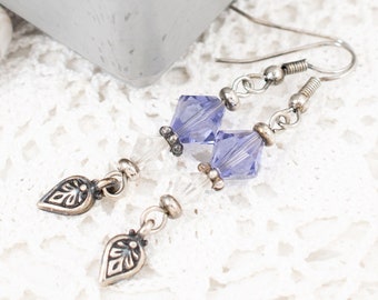 Baroque Style Crystal Earrings with Leaf Charm, Purple Swarovski Crystals on Stainless Steel Ear Wires, Made in Alaska Jewelry, Gift for Her