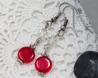 Bright Red Glass Dangle Earrings, Red Glass Disc with Clear Swarovski Crystal Earrings, Alaska Made, Holiday Earrings, Alaskan Gifts for Her