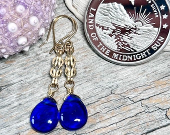 Cobalt Blue Teardrop and Brass Square Knot Earrings, Inspired by Alaska's State Flag