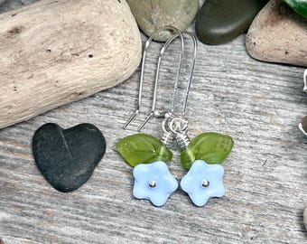 Handmade Alaskan Forget-Me-Not Earrings: Czech Glass Flower & Leaf