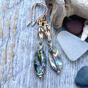 May include: A pair of handcrafted earrings with iridescent abalone shell oval pendants. The earrings feature gold-colored ear wires and silver-colored metal accents. The abalone shells display a mix of blue, green, and purple hues, with a wire-wrapped design.
