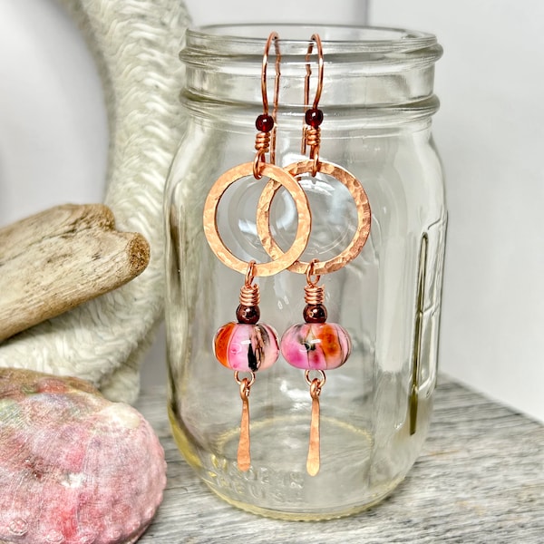 Pink Lampwork Beads and Copper Earrings, Pink handblown glass beads with copper washers earrings, Handmade in Alaska