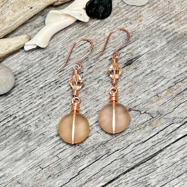 Peach Fuzz Seaglass and Crystal Earrings, Peach and Copper Wire Wrapped Cultured Seaglass with Swarovski Crystal Earrings, Made in Alaska