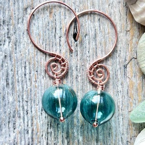 Glass Float Earrings, Denim Blue Handblown Glass Bubbles on Copper Swirl Ear Wires, Handmade in Alaska