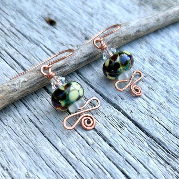 Earthy swirl earrings, Earth tone lampwork beads with Swarovski crystals and wire swirls in copper on handcrafted ear wires, made in alaska