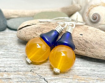 Nautical Buoy Earrings, Orange Glass & Czech Beads, Argentium Silver Ear Wires, Handmade in Alaska