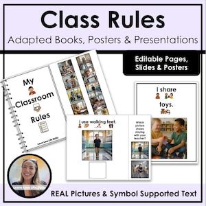 May include: A collection of educational materials titled "Class Rules," including adapted books, posters, and presentations. The image features a spiral-bound book labeled "My Classroom Rules," along with other visual aids. The materials incorporate real pictures and symbol-supported text.