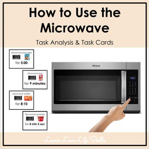 Può includere: Un forno a microonde Whirlpool in acciaio inossidabile con display digitale. L'immagine include le istruzioni per riscaldare pancake, riso, waffle e patate. Il testo recita "How to Use the Microwave" e "Task Analysis & Task Cards."