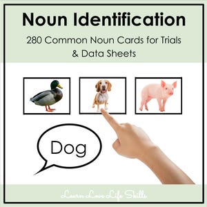 Può includere: Risorsa educativa intitolata "Identificazione dei nomi" con 280 schede di nomi comuni. L'immagine presenta un'anatra, un cane e un maiale, con un dito che indica il cane. Fumetto con la scritta "Cane".
