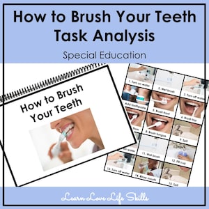 Puede incluir: Un póster educativo titulado "How to Brush Your Teeth Task Analysis" para educación especial. Incluye un folleto con espiral con el título y una foto de alguien cepillándose los dientes, además de una guía de 15 pasos.