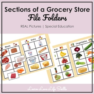 May include: File folders labeled "Meats", "Dairy", "Fruit", and "Vegetables" with real pictures of food items. The text "Sections of a Grocery Store File Folders" is at the top, with "REAL Pictures | Special Education" below.