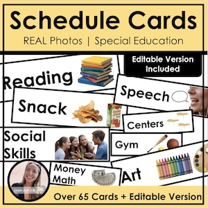 May include: A visual aid for special education, featuring schedule cards with real photos. The cards cover various activities like reading, snack time, and social skills. Includes an editable version with over 65 cards.