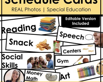 May include: A visual aid for special education, featuring schedule cards with real photos. The cards cover various activities like reading, snack time, and social skills. Includes an editable version with over 65 cards.