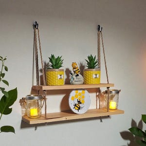 Two-Tier Hanging Rope Shelf – Rustic Black Stain or Natural Pine | Farmhouse Wall Storage & Display