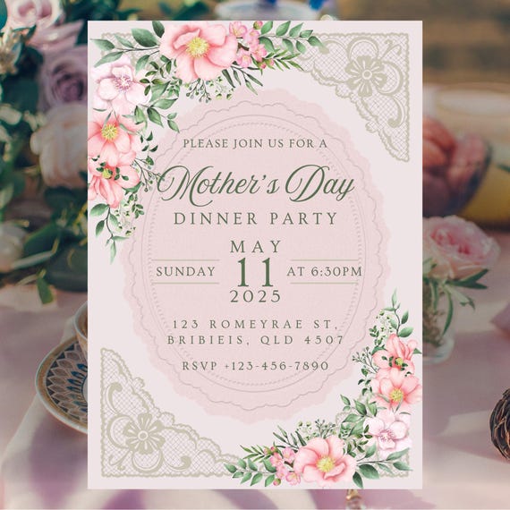 Editable Mother's Day Dinner Party Invitation, Floral Lace Template (5x7)