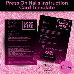 Może przedstawiać: Czarno-różowy szablon karty instrukcji do paznokci typu press-on. Karta zawiera instrukcje dotyczące nakładania i usuwania, z sekcją na umieszczenie logo. Projekt posiada gradientowe tło i logo Canva.