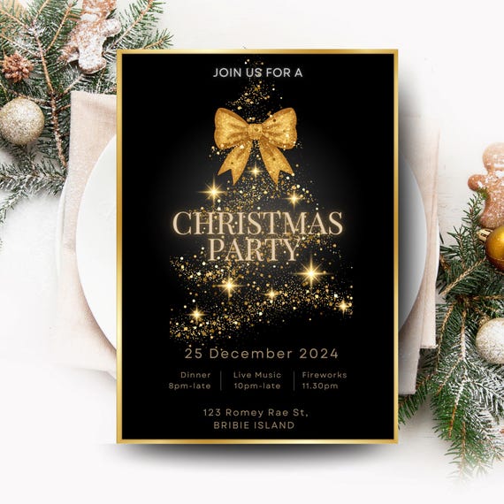 Gold Bow Christmas Party Invitation | Black & Gold (Canva Template)