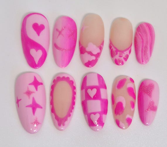 Pink Heart Press On Nails | Kawaii Cloud Nail Set, Y2K Valentine